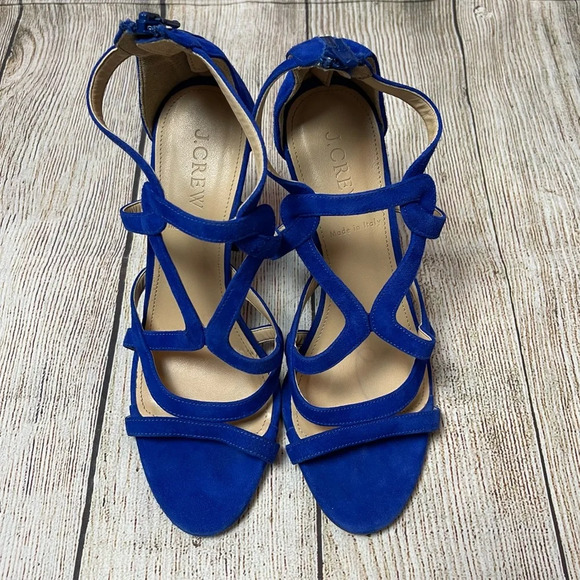 J Crew Geometric Strappy High Heel Sandals Blue Suede Made in Italy Sz 6 - Picture 2 of 11